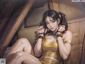 A woman in a yellow dress sitting on a bed.